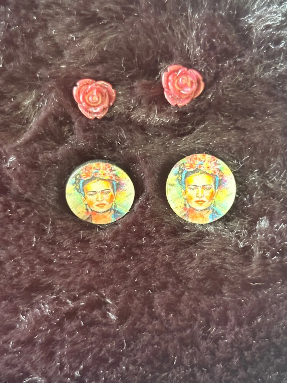 Frida Kahlo Portrait Stud Earrings & Rose Studs Bundle Set
